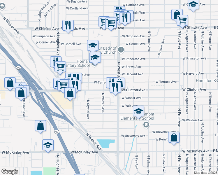 map of restaurants, bars, coffee shops, grocery stores, and more near 1344 West Clinton Avenue in Fresno