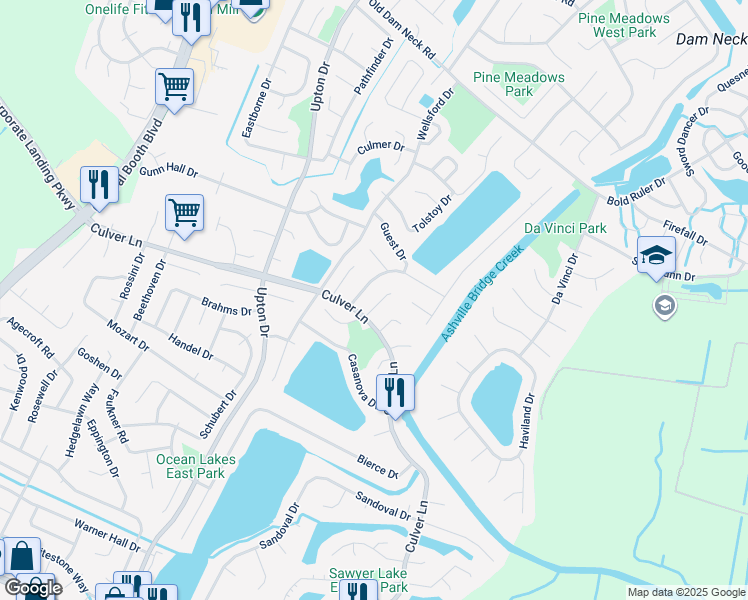 map of restaurants, bars, coffee shops, grocery stores, and more near 1889 Gershwin Drive in Virginia Beach