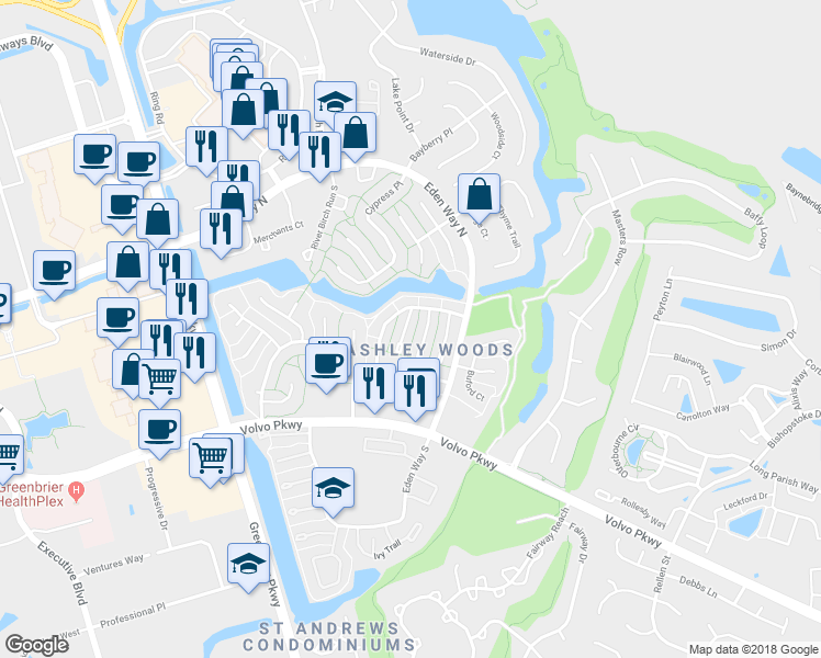 map of restaurants, bars, coffee shops, grocery stores, and more near 1227 Mabry Mill Place in Chesapeake