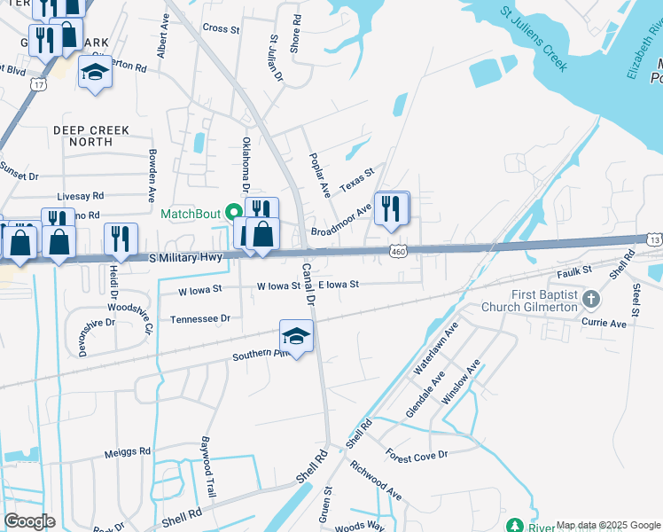 map of restaurants, bars, coffee shops, grocery stores, and more near 2968 South Military Highway in Chesapeake