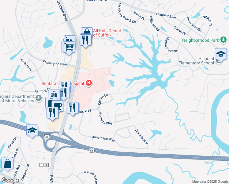 map of restaurants, bars, coffee shops, grocery stores, and more near 134 Kristen Lane in Suffolk