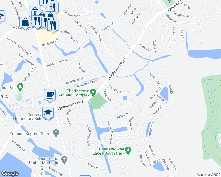 map of restaurants, bars, coffee shops, grocery stores, and more near 2389 Bizzone Circle in Virginia Beach