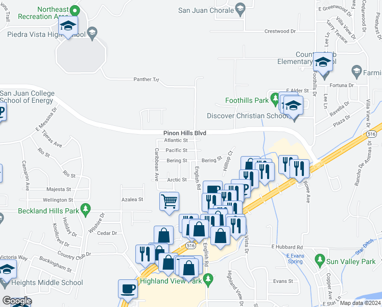 map of restaurants, bars, coffee shops, grocery stores, and more near 4609 Pacific Street in Farmington