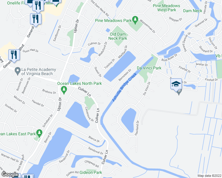 map of restaurants, bars, coffee shops, grocery stores, and more near 1800 Gershwin Drive in Virginia Beach