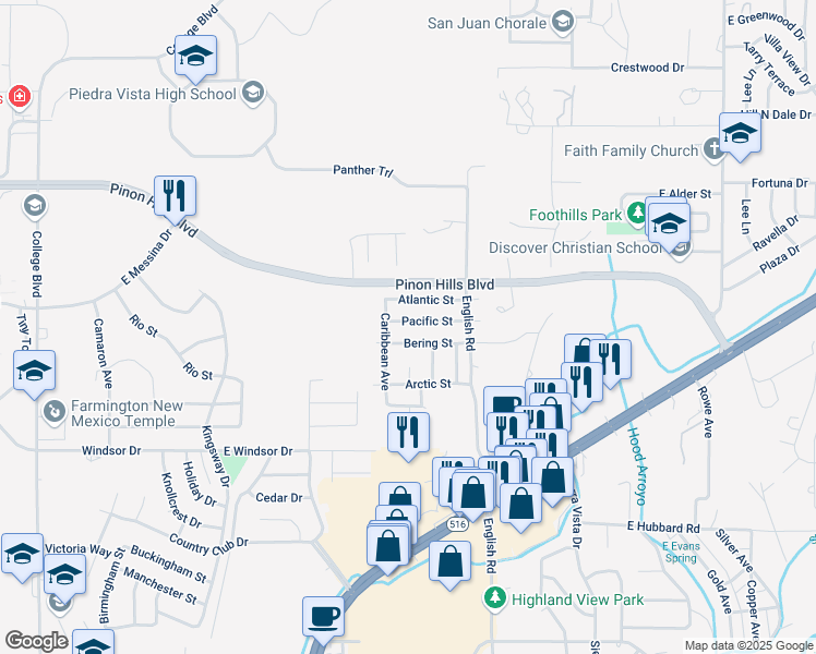 map of restaurants, bars, coffee shops, grocery stores, and more near 4407 Pacific Street in Farmington