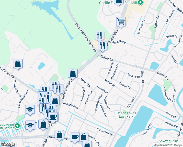map of restaurants, bars, coffee shops, grocery stores, and more near 2000 Portules Court in Virginia Beach