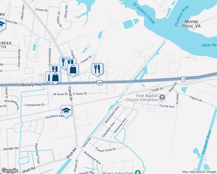 map of restaurants, bars, coffee shops, grocery stores, and more near 2934 South Military Highway in Chesapeake