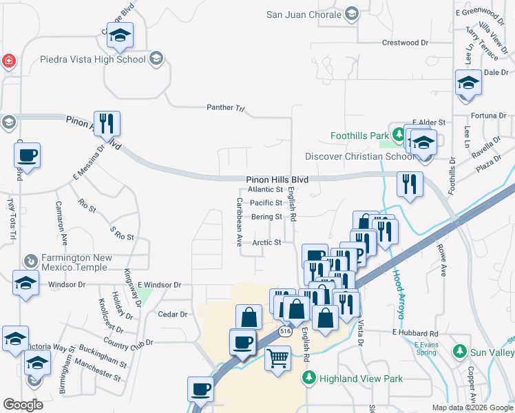 map of restaurants, bars, coffee shops, grocery stores, and more near 4501 Pacific Street in Farmington