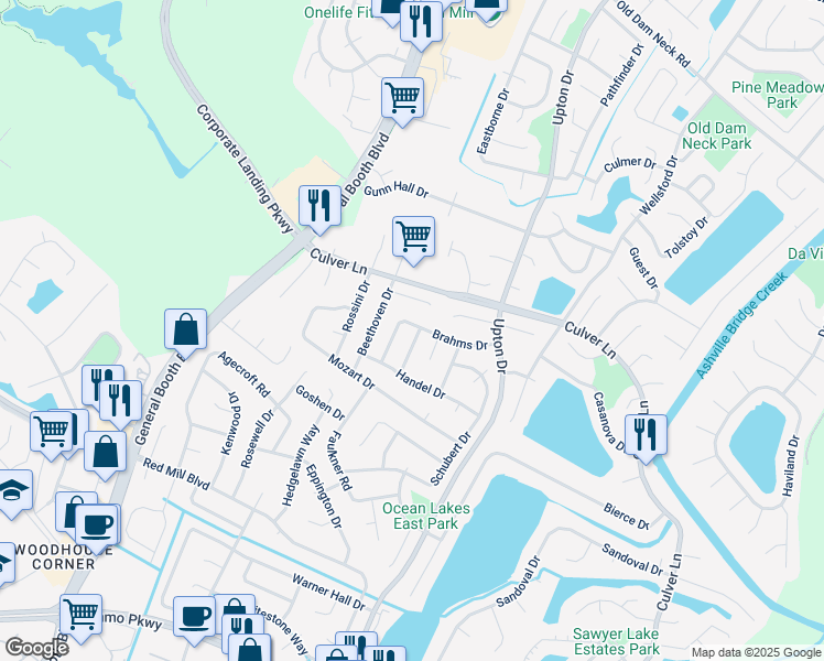 map of restaurants, bars, coffee shops, grocery stores, and more near 1901 Chopin Drive in Virginia Beach