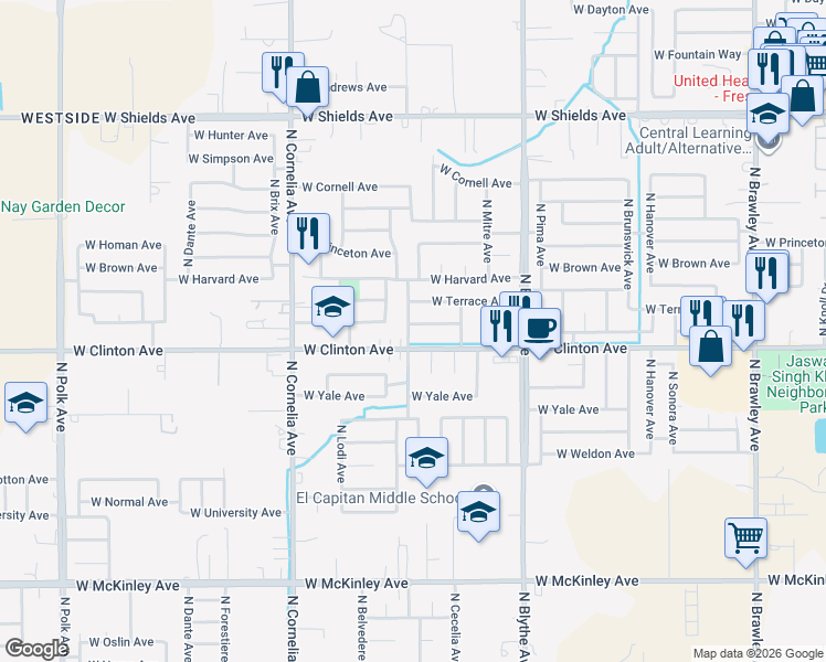 map of restaurants, bars, coffee shops, grocery stores, and more near 4575 West Providence Avenue in Fresno