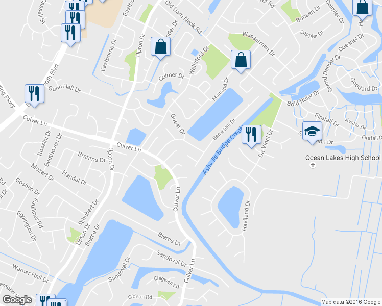 map of restaurants, bars, coffee shops, grocery stores, and more near 916 Bernstein Court in Virginia Beach
