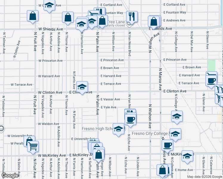 map of restaurants, bars, coffee shops, grocery stores, and more near 449 East Clinton Avenue in Fresno