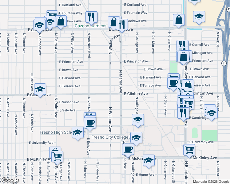 map of restaurants, bars, coffee shops, grocery stores, and more near 827 East Clinton Avenue in Fresno