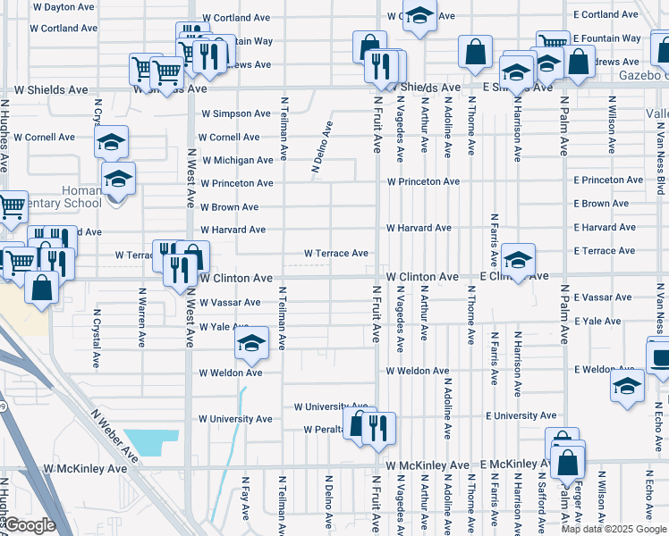 map of restaurants, bars, coffee shops, grocery stores, and more near 704 West Clinton Avenue in Fresno