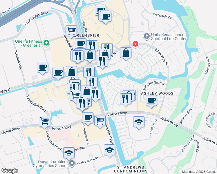 map of restaurants, bars, coffee shops, grocery stores, and more near 1109 Hearthstone Landing in Chesapeake