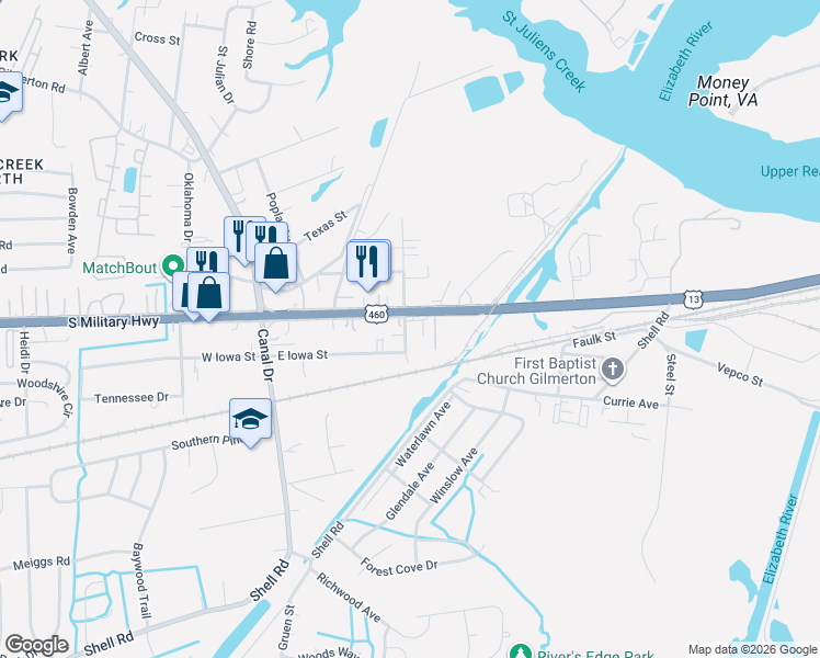 map of restaurants, bars, coffee shops, grocery stores, and more near 2934 South Military Highway in Chesapeake