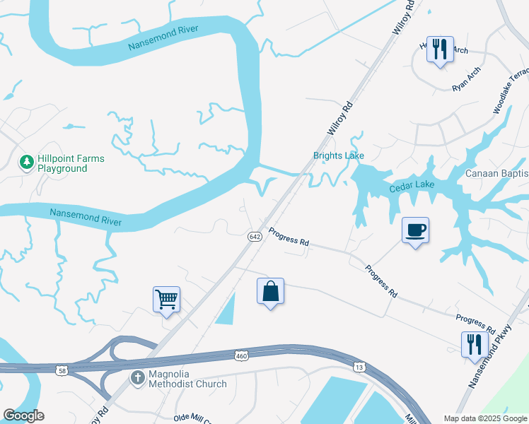map of restaurants, bars, coffee shops, grocery stores, and more near 2153 Wilroy Road in Suffolk