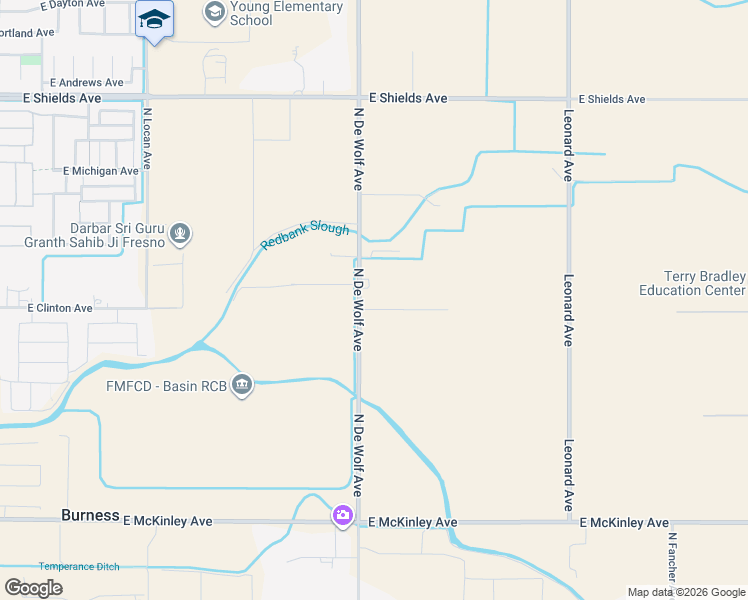 map of restaurants, bars, coffee shops, grocery stores, and more near 2502 North De Wolf Avenue in Fresno