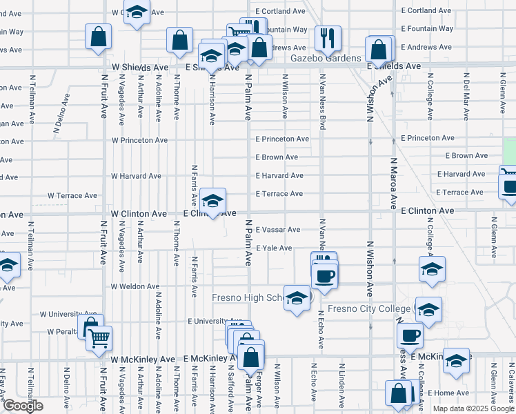 map of restaurants, bars, coffee shops, grocery stores, and more near 325 East Clinton Avenue in Fresno