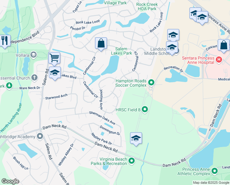 map of restaurants, bars, coffee shops, grocery stores, and more near 3997 Jousting Arch in Virginia Beach