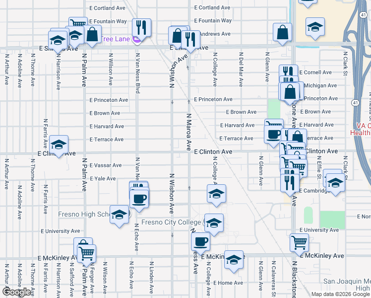 map of restaurants, bars, coffee shops, grocery stores, and more near 849 East Clinton Avenue in Fresno