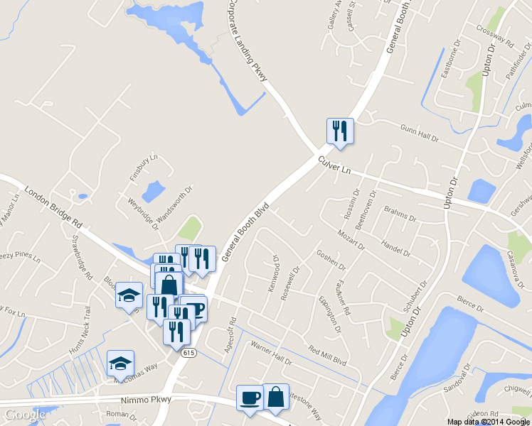 map of restaurants, bars, coffee shops, grocery stores, and more near 1153 Las Cruces Drive in Virginia Beach