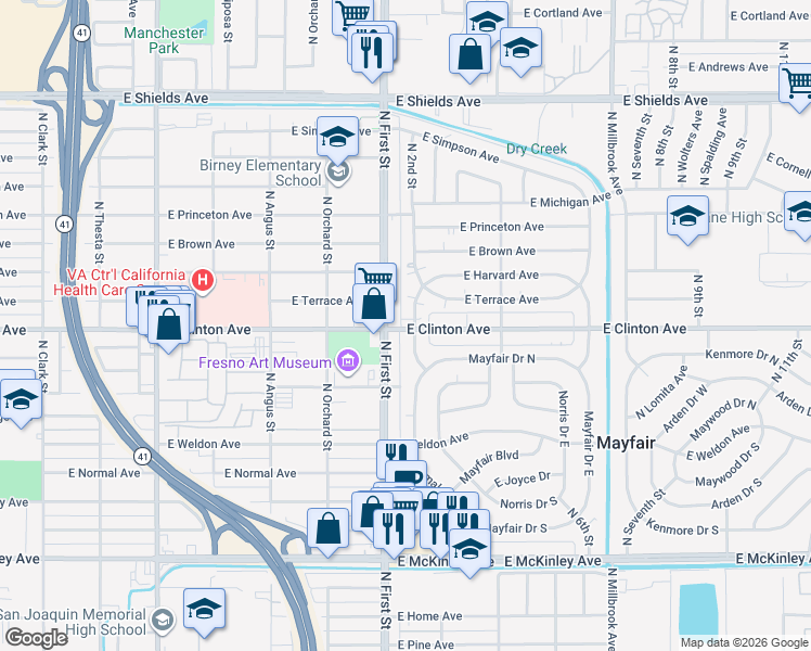 map of restaurants, bars, coffee shops, grocery stores, and more near 3115 East Clinton Avenue in Fresno