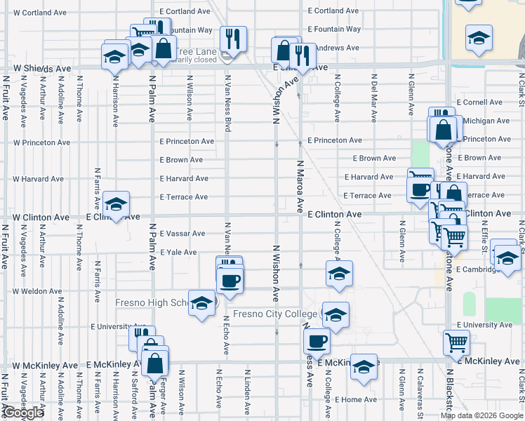 map of restaurants, bars, coffee shops, grocery stores, and more near 729 East Clinton Avenue in Fresno