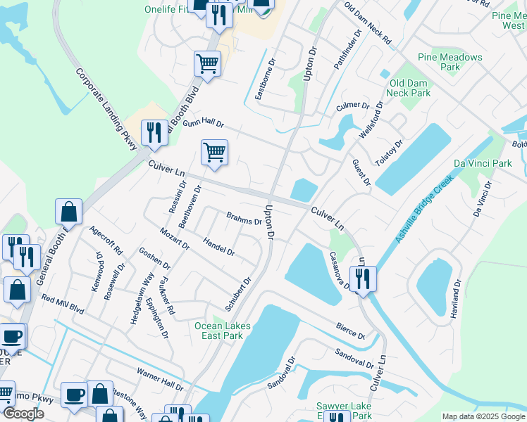 map of restaurants, bars, coffee shops, grocery stores, and more near 1201 Mendelssohn Court in Virginia Beach