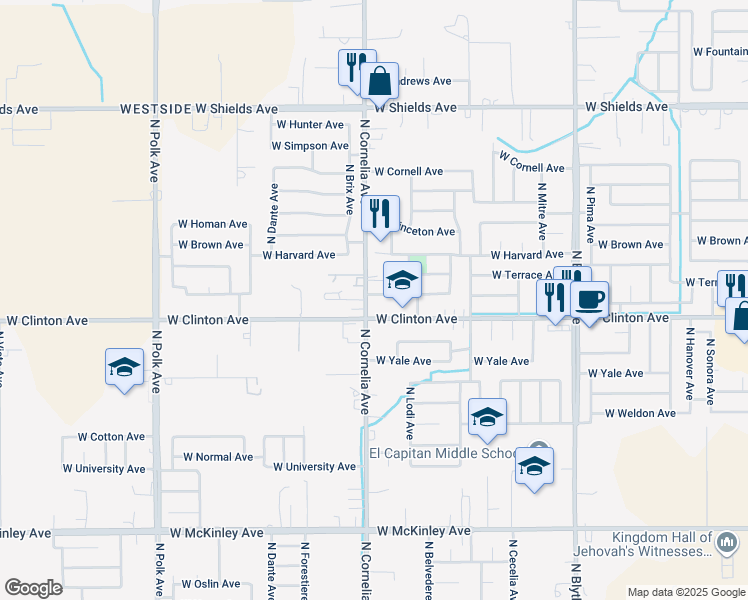 map of restaurants, bars, coffee shops, grocery stores, and more near 4775 West Providence Avenue in Fresno
