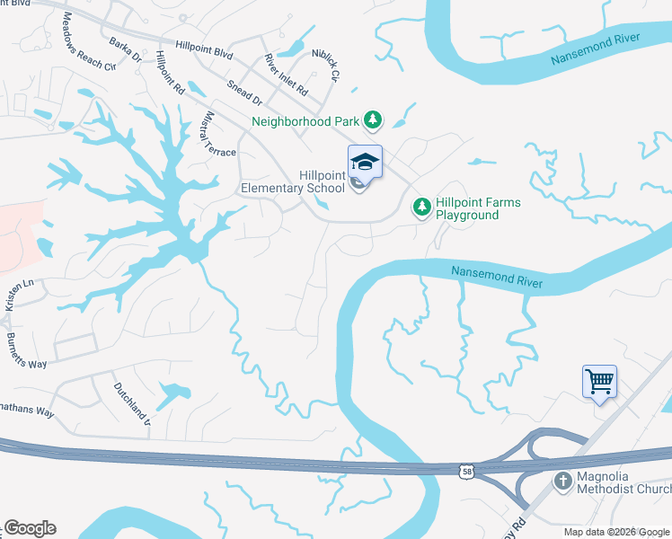map of restaurants, bars, coffee shops, grocery stores, and more near 2643 River watch Drive in Suffolk