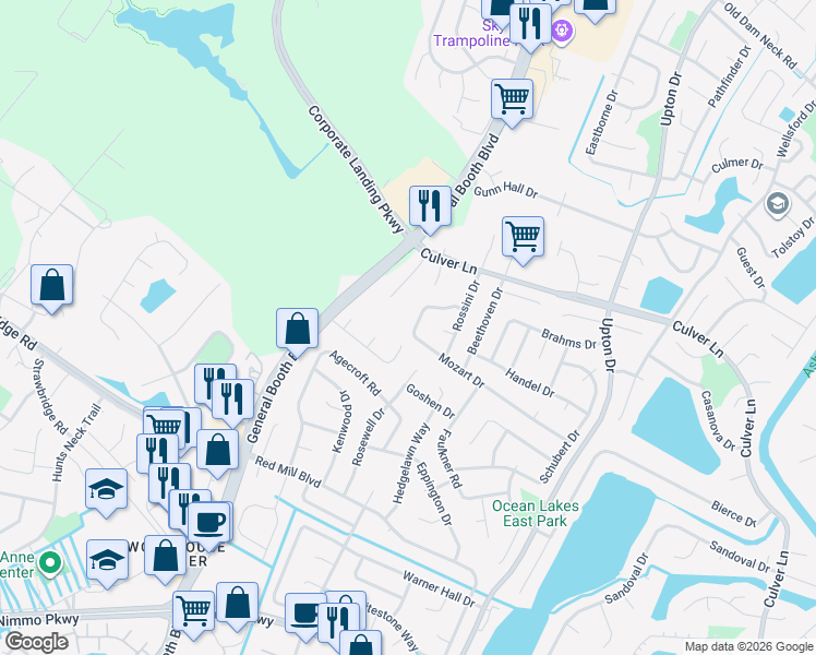map of restaurants, bars, coffee shops, grocery stores, and more near 1313 Mozart Drive in Virginia Beach