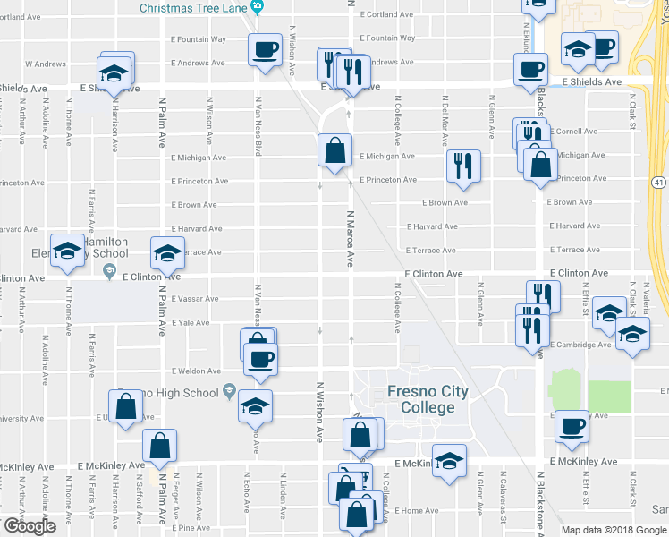 map of restaurants, bars, coffee shops, grocery stores, and more near 827 East Clinton Avenue in Fresno