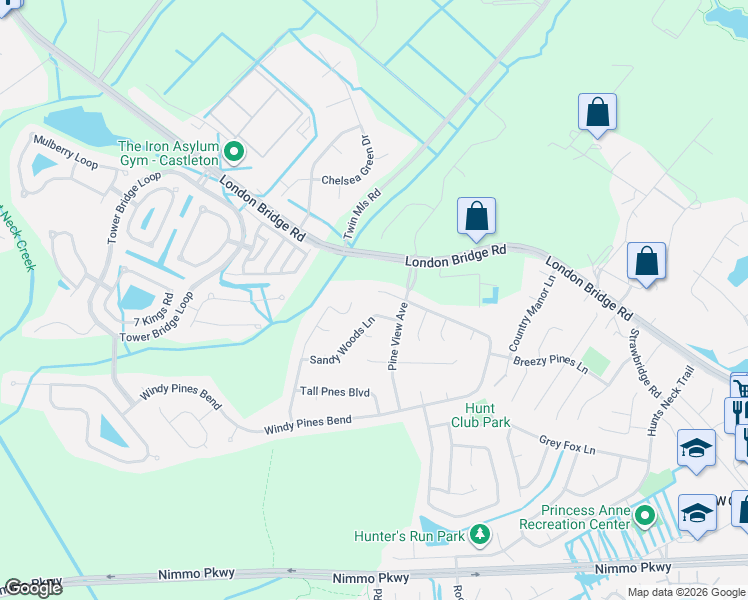 map of restaurants, bars, coffee shops, grocery stores, and more near 2209 Windy Pines Bend in Virginia Beach