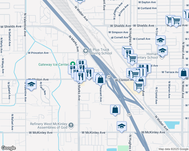 map of restaurants, bars, coffee shops, grocery stores, and more near 2550 West Clinton Avenue in Fresno