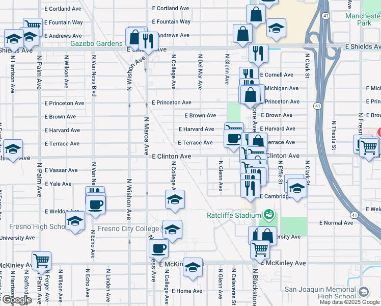 map of restaurants, bars, coffee shops, grocery stores, and more near 1211 East Clinton Avenue in Fresno