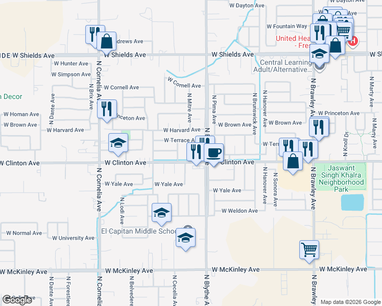 map of restaurants, bars, coffee shops, grocery stores, and more near 2432 North Mitre Avenue in Fresno