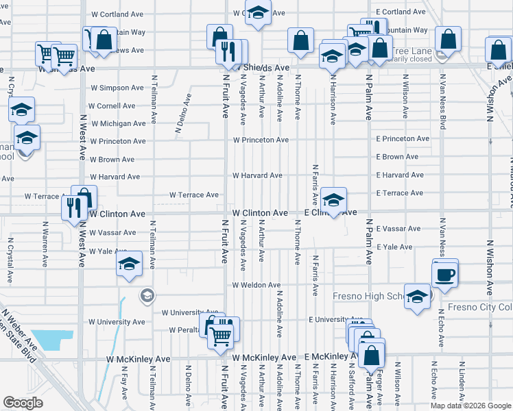 map of restaurants, bars, coffee shops, grocery stores, and more near 2415 North Arthur Avenue in Fresno