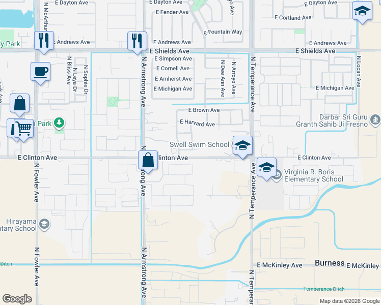 map of restaurants, bars, coffee shops, grocery stores, and more near 6740 East Clinton Avenue in Fresno