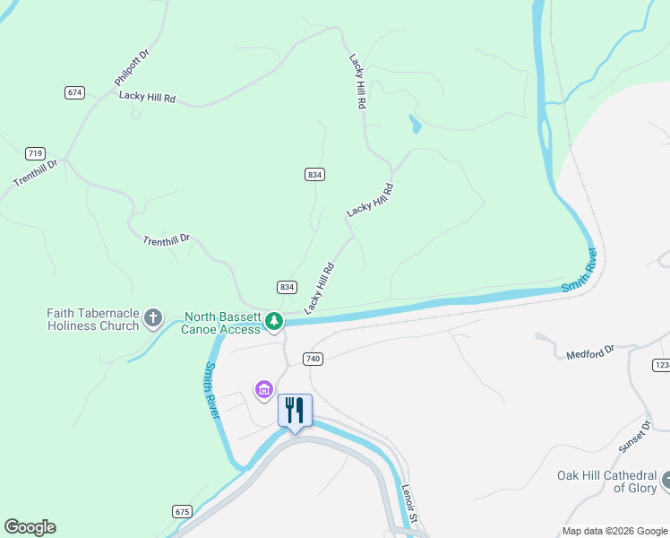 map of restaurants, bars, coffee shops, grocery stores, and more near Lacky Hill Road in Bassett