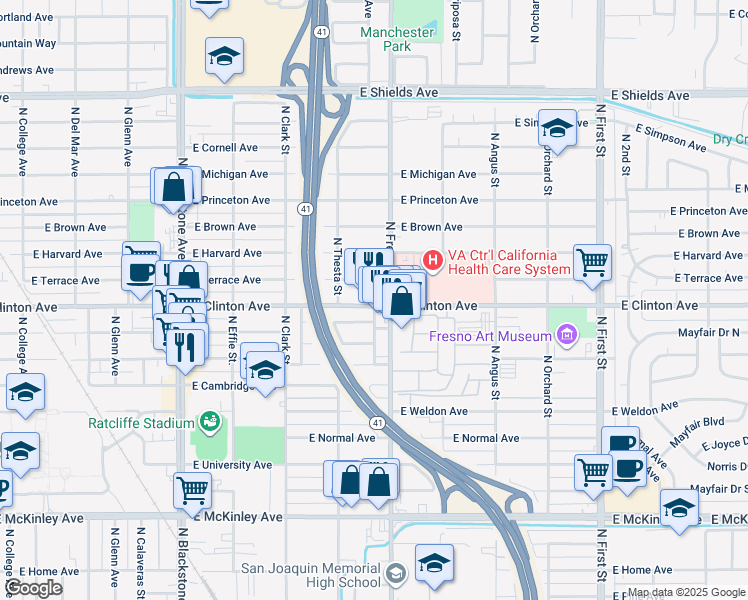 map of restaurants, bars, coffee shops, grocery stores, and more near 2415 East Clinton Avenue in Fresno