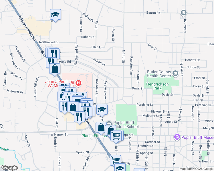 map of restaurants, bars, coffee shops, grocery stores, and more near 1407 Memorial Drive in Poplar Bluff