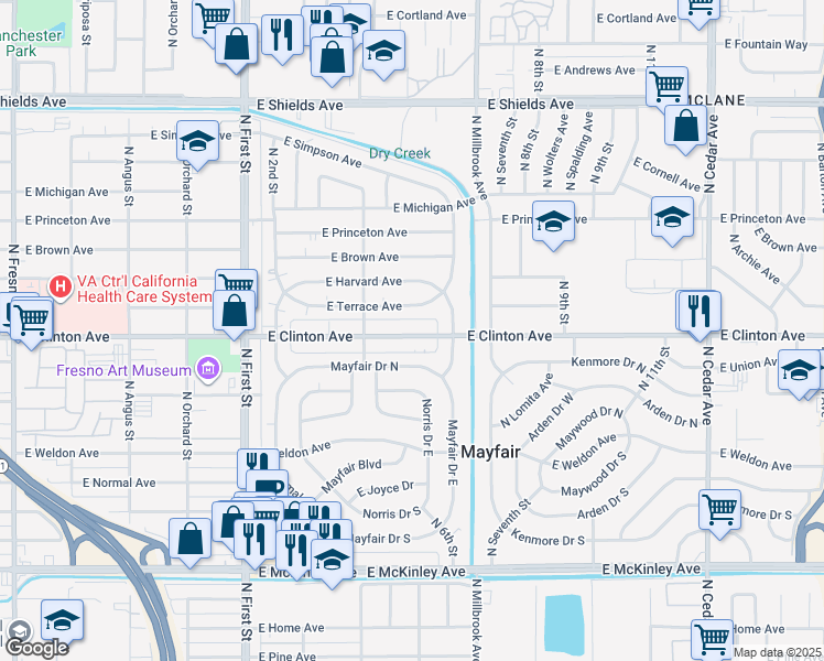 map of restaurants, bars, coffee shops, grocery stores, and more near 3481 East Clinton Avenue in Fresno