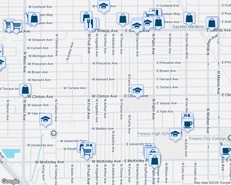 map of restaurants, bars, coffee shops, grocery stores, and more near 2416 North Adoline Avenue in Fresno