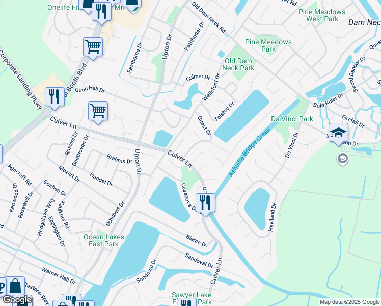 map of restaurants, bars, coffee shops, grocery stores, and more near 1888 Gershwin Drive in Virginia Beach