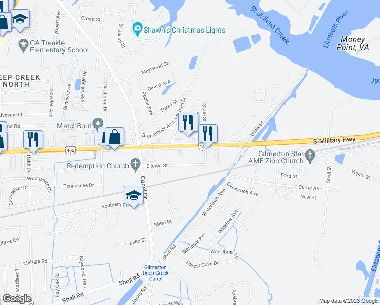 map of restaurants, bars, coffee shops, grocery stores, and more near 2944 South Military Highway in Chesapeake