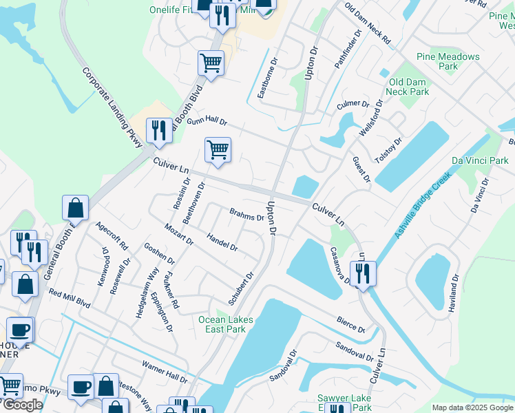 map of restaurants, bars, coffee shops, grocery stores, and more near 1209 Mendelssohn Court in Virginia Beach