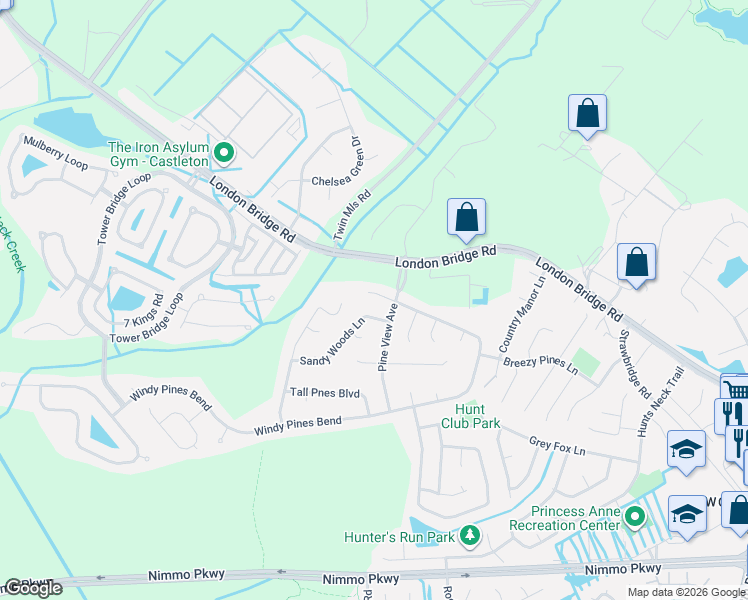 map of restaurants, bars, coffee shops, grocery stores, and more near 2209 Windy Pines Bend in Virginia Beach