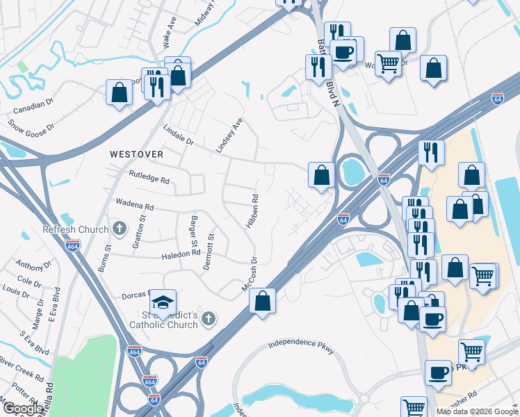 map of restaurants, bars, coffee shops, grocery stores, and more near 114 Hibben Road in Chesapeake