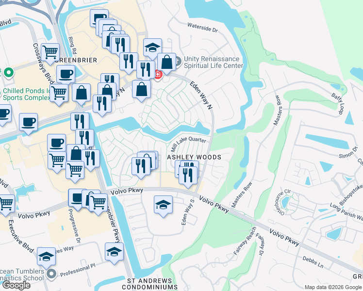 map of restaurants, bars, coffee shops, grocery stores, and more near 1232 Mabry Mill Place in Chesapeake